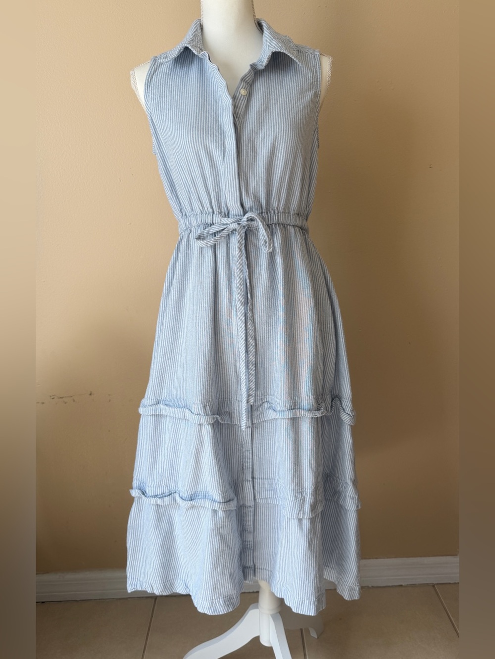 Calvin Klein Shirt Dress Womens 10 Teal White Striped Linen Blend Tiered Midi